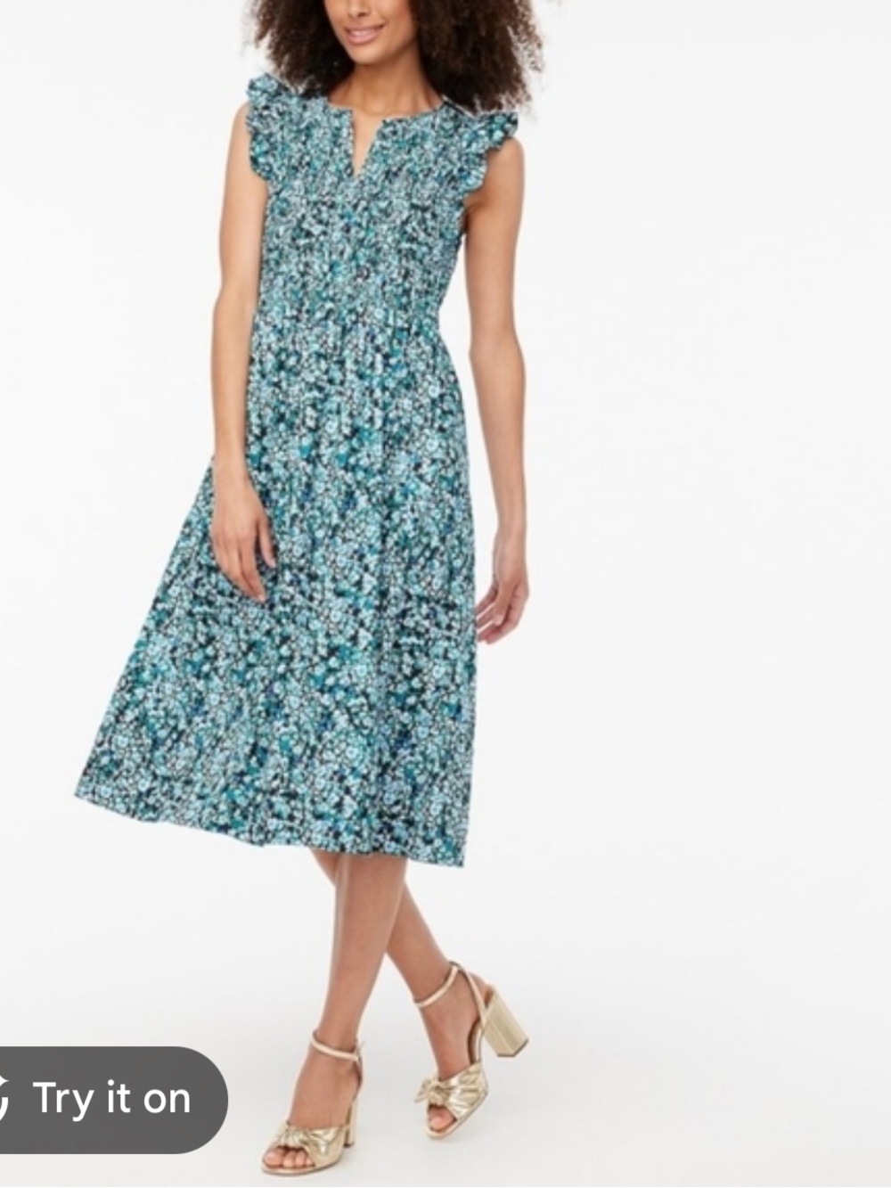 J. Crew Green & Teal Floral Shirred V-Neck Midi Dress